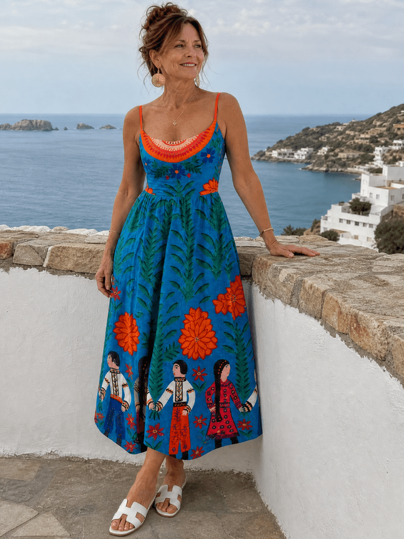 Xylienne | Vestido Midi sin Mangas con Estampado Folk