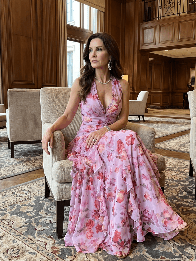 Nori | Vestido Maxi Floral con Escote Halter y Corpiño Fruncido