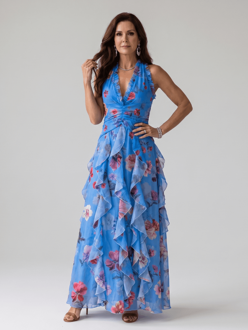 Nori | Vestido Maxi Floral con Escote Halter y Corpiño Fruncido