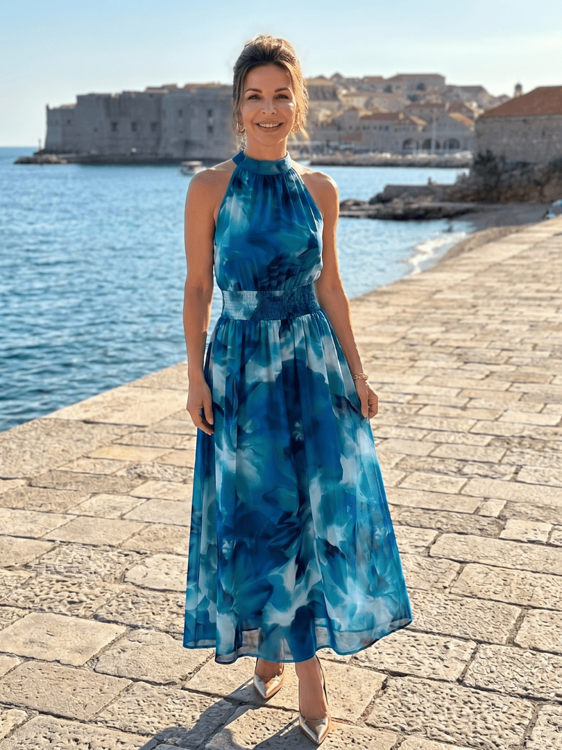 Olivia | Vestido Midi de Cintura Fruncida con Estampado Abstracto