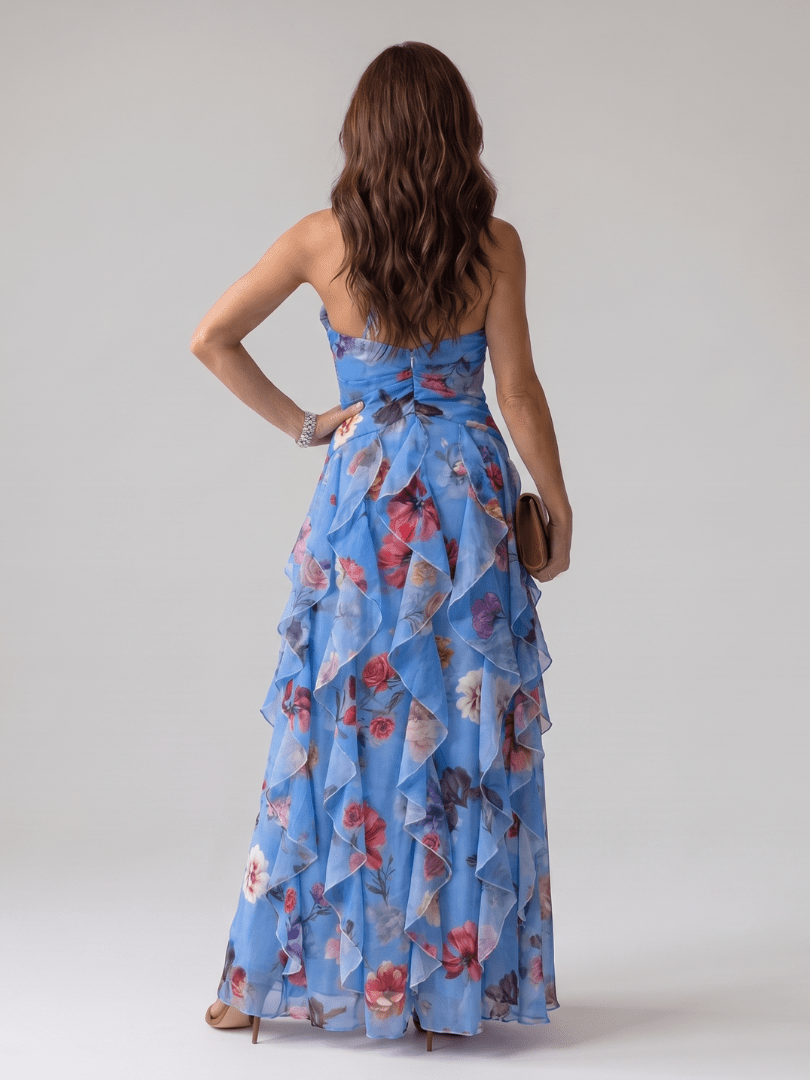 Nori | Vestido Maxi Floral con Escote Halter y Corpiño Fruncido