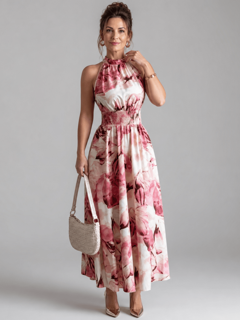 Olivia | Vestido Midi de Cintura Fruncida con Estampado Abstracto