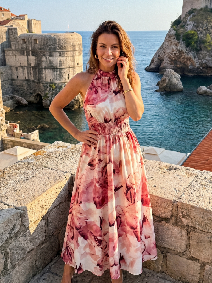 Olivia | Vestido Midi de Cintura Fruncida con Estampado Abstracto