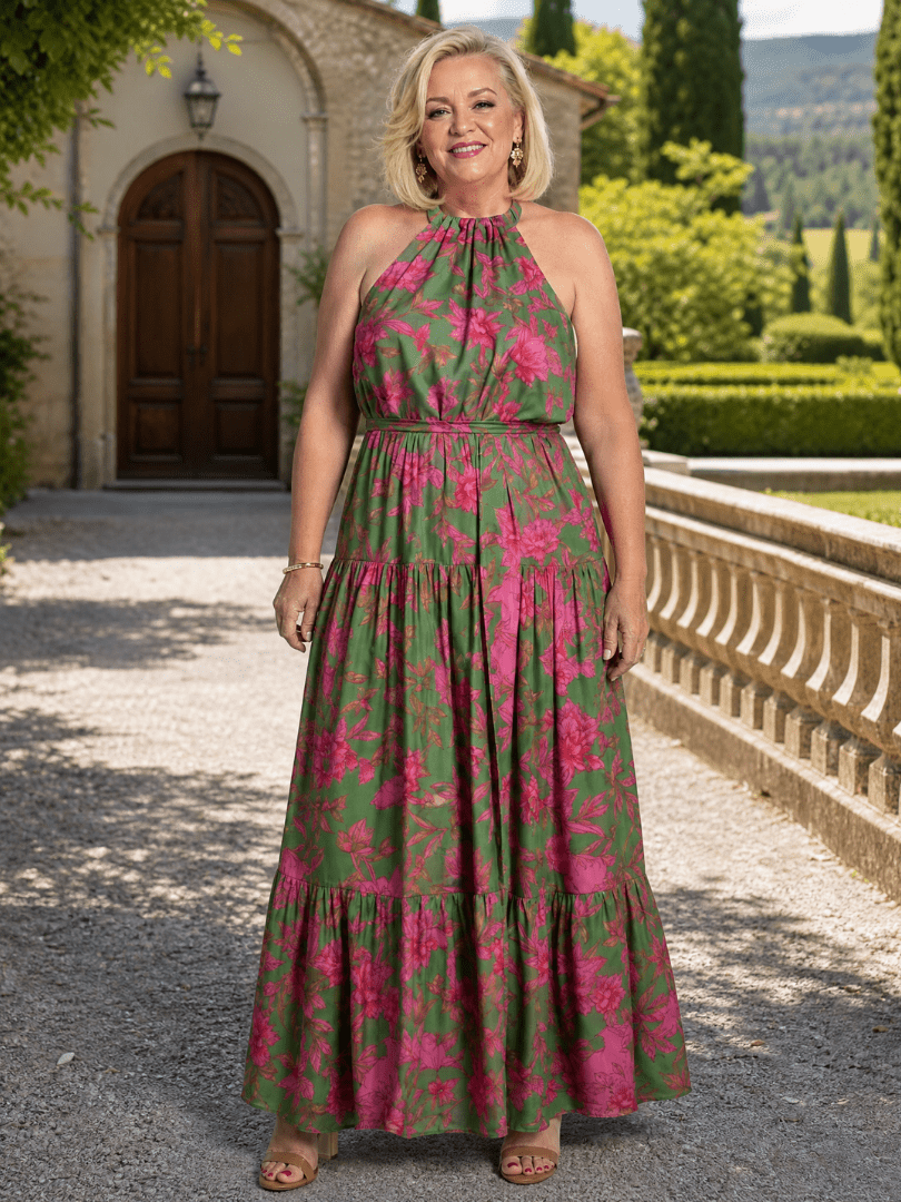 Rowen | Vestido Midi Drapeado con Escote Halter