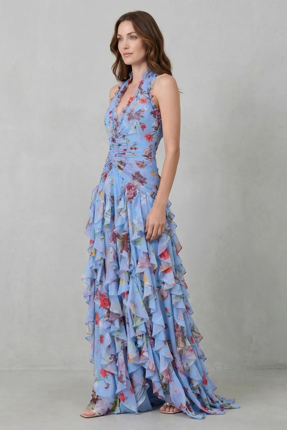Bella | Romántica Cascada de Rosas Vestido Largo con Escote Halter