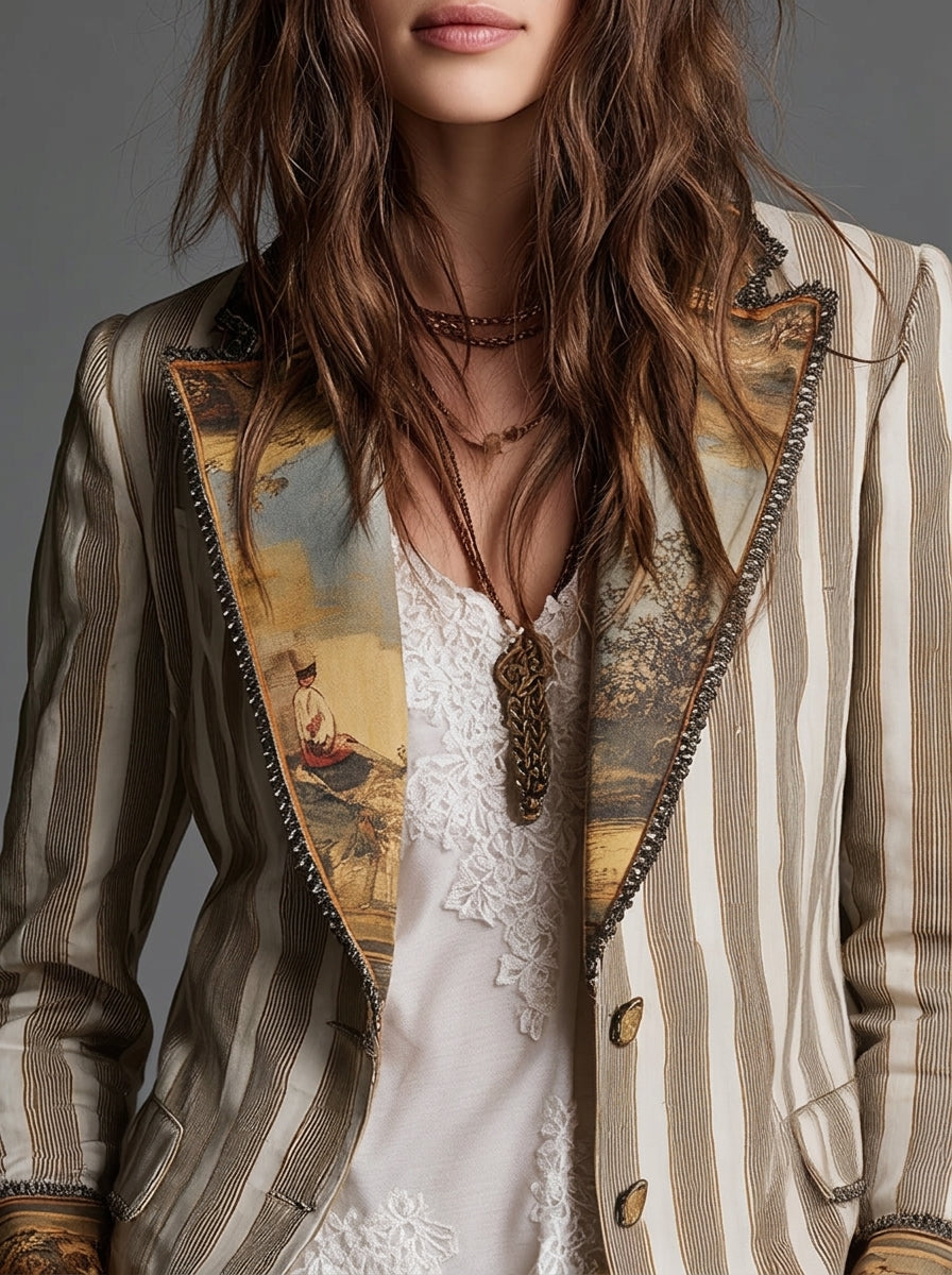 Sara - Blazer Bohemio a Rayas con Cuello