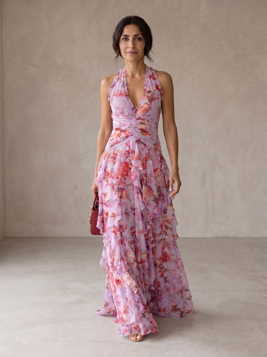 Bella | Romántica Cascada de Rosas Vestido Largo con Escote Halter